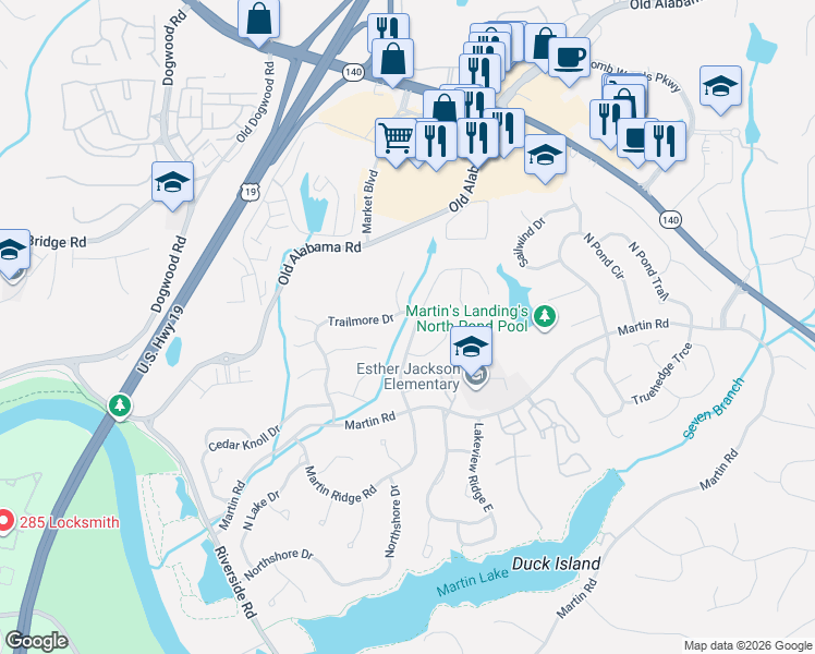 map of restaurants, bars, coffee shops, grocery stores, and more near 700 Greenvine Place in Roswell