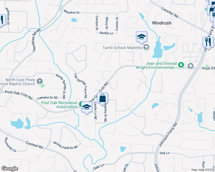 map of restaurants, bars, coffee shops, grocery stores, and more near 3660 Post Oak Tritt Road in Marietta