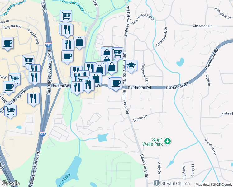 map of restaurants, bars, coffee shops, grocery stores, and more near 2543 Bells Ferry Road in Marietta