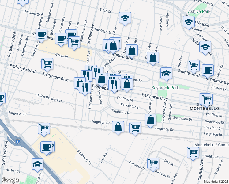 map of restaurants, bars, coffee shops, grocery stores, and more near 6016 East Olympic Boulevard in East Los Angeles