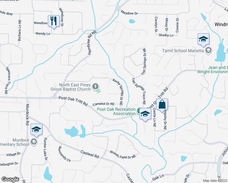 map of restaurants, bars, coffee shops, grocery stores, and more near 3441 Rocky Springs Court Northeast in Marietta