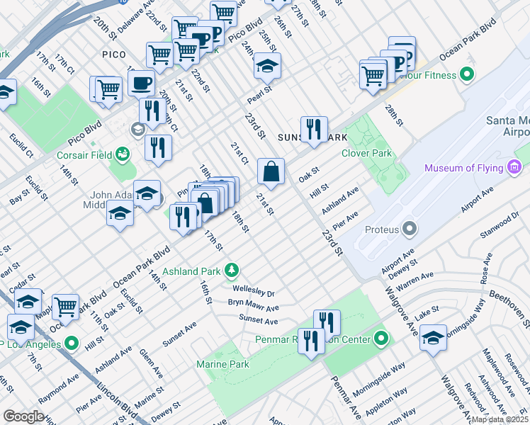 map of restaurants, bars, coffee shops, grocery stores, and more near 2026 Oak Street in Santa Monica