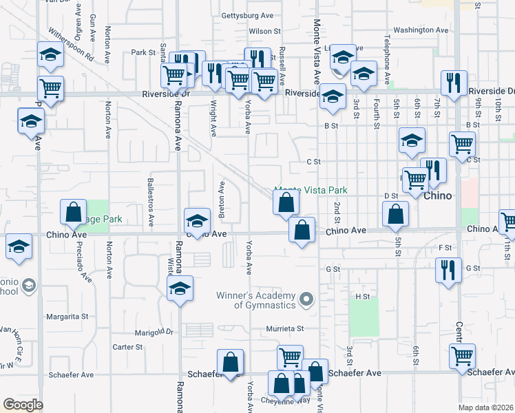map of restaurants, bars, coffee shops, grocery stores, and more near 13265 Yorba Avenue in Chino