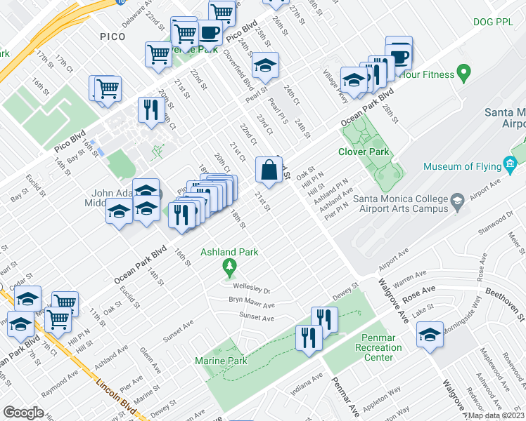 map of restaurants, bars, coffee shops, grocery stores, and more near 2026 Oak Street in Santa Monica