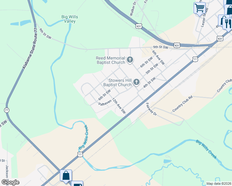 map of restaurants, bars, coffee shops, grocery stores, and more near 411 12th Avenue Southwest in Attalla