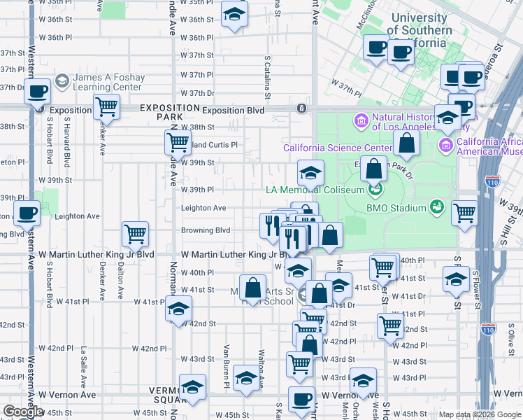 map of restaurants, bars, coffee shops, grocery stores, and more near 1107 Browning Boulevard in Los Angeles