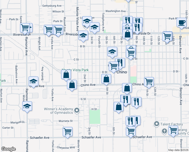 map of restaurants, bars, coffee shops, grocery stores, and more near 13223 3rd Street in Chino