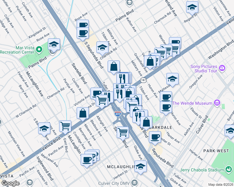 map of restaurants, bars, coffee shops, grocery stores, and more near in Los Angeles