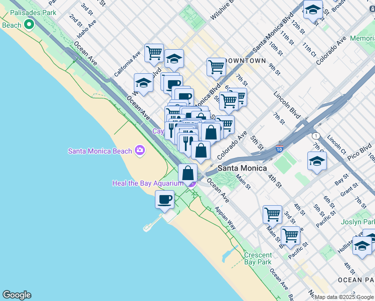 map of restaurants, bars, coffee shops, grocery stores, and more near 109 Broadway in Santa Monica