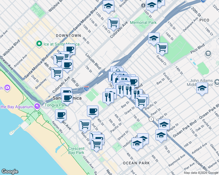 map of restaurants, bars, coffee shops, grocery stores, and more near 1805 7th Street in Santa Monica