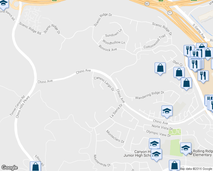 map of restaurants, bars, coffee shops, grocery stores, and more near 2215 Camino Largo Drive in Chino Hills
