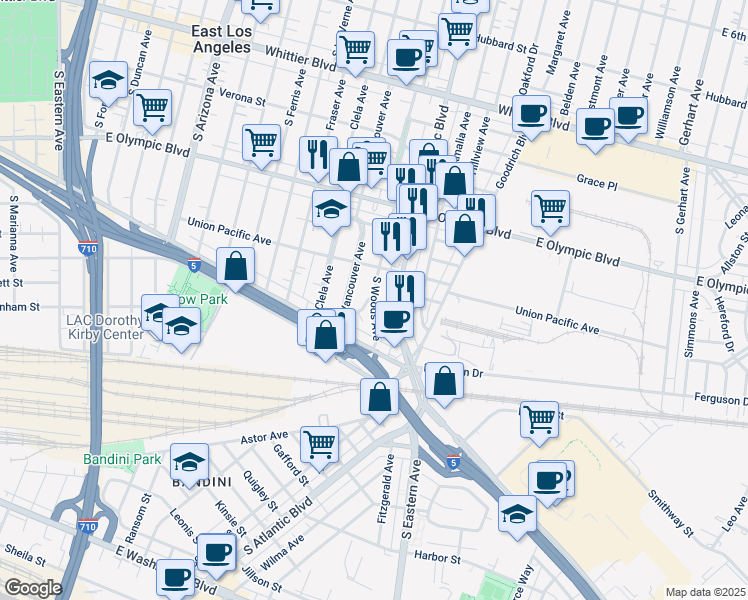 map of restaurants, bars, coffee shops, grocery stores, and more near 1438 South Woods Avenue in East Los Angeles