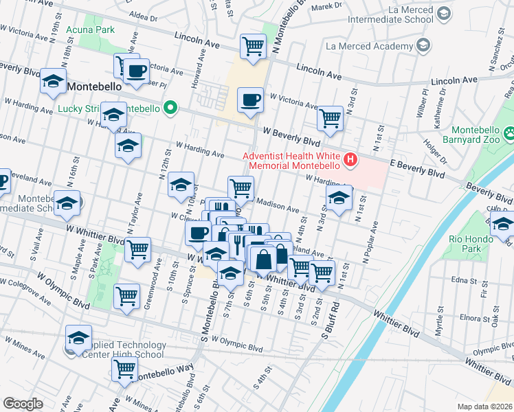 map of restaurants, bars, coffee shops, grocery stores, and more near 246 North 7th Street in Montebello