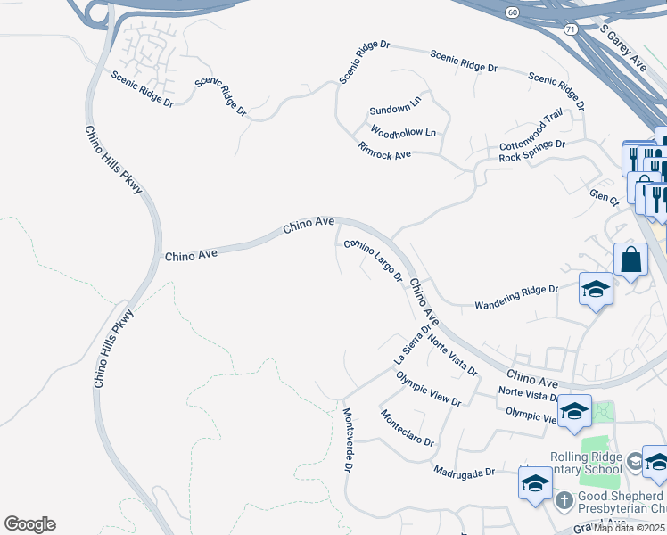 map of restaurants, bars, coffee shops, grocery stores, and more near 13164 San Rafael Drive in Chino Hills