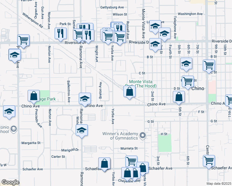 map of restaurants, bars, coffee shops, grocery stores, and more near 13265 Yorba Avenue in Chino