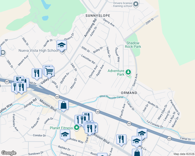 map of restaurants, bars, coffee shops, grocery stores, and more near 6401 33rd Street in Riverside