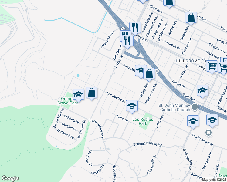 map of restaurants, bars, coffee shops, grocery stores, and more near 14657 Los Robles Avenue in Hacienda Heights