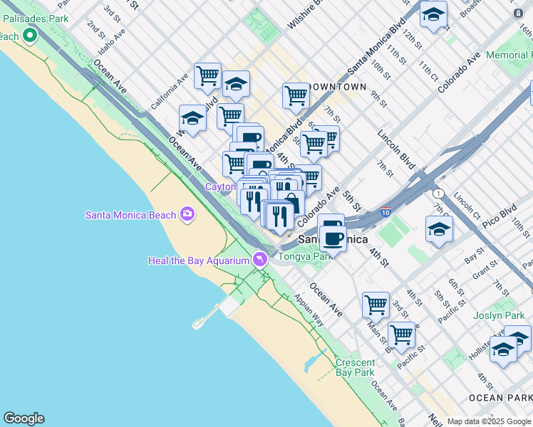 map of restaurants, bars, coffee shops, grocery stores, and more near 120 Broadway in Santa Monica