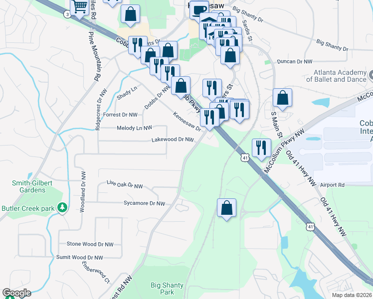 map of restaurants, bars, coffee shops, grocery stores, and more near 2441 Kennesaw Due West Road Northwest in Kennesaw