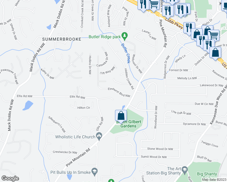 map of restaurants, bars, coffee shops, grocery stores, and more near 2395 Elmhurst Boulevard Northwest in Kennesaw