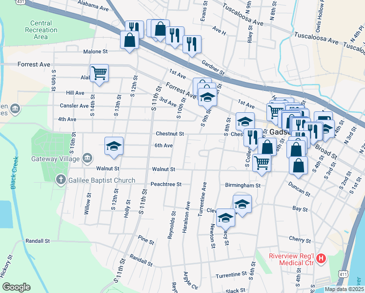 map of restaurants, bars, coffee shops, grocery stores, and more near 227 South 9th Street in Gadsden