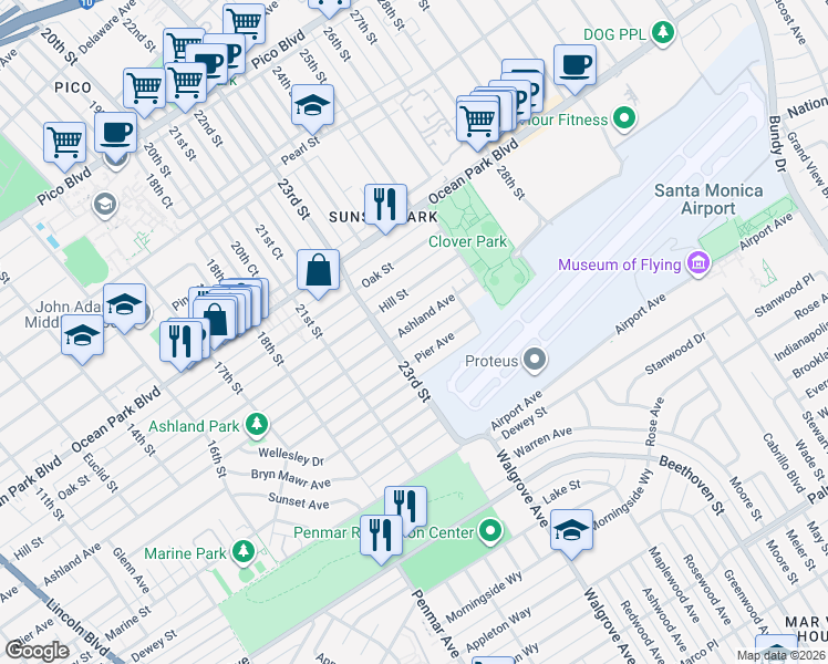 map of restaurants, bars, coffee shops, grocery stores, and more near 2302 Ashland Avenue in Santa Monica
