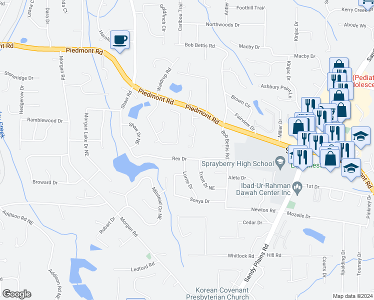 map of restaurants, bars, coffee shops, grocery stores, and more near 2666 Piedmont Oak Drive in Marietta
