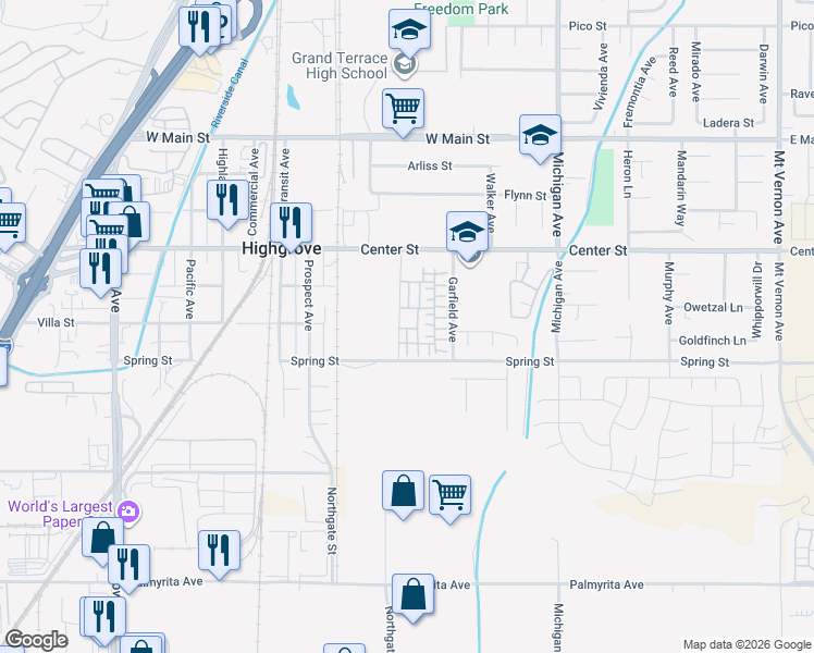 map of restaurants, bars, coffee shops, grocery stores, and more near 19128 Chestnut Grove Court in Riverside