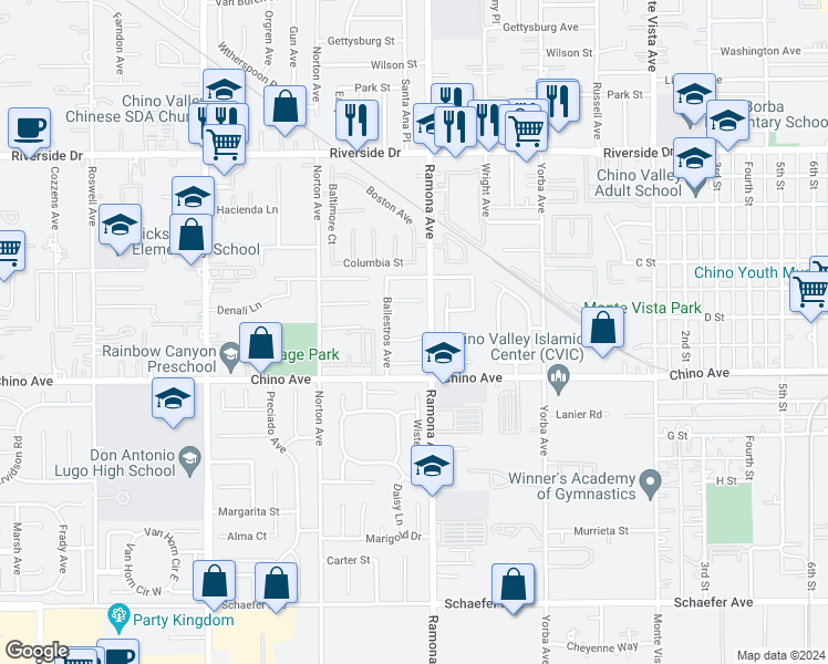 map of restaurants, bars, coffee shops, grocery stores, and more near 4466 Lidia Court in Chino
