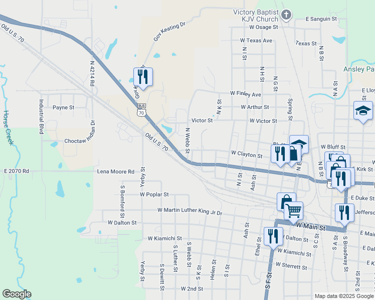 map of restaurants, bars, coffee shops, grocery stores, and more near 300 North Webb Street in Hugo