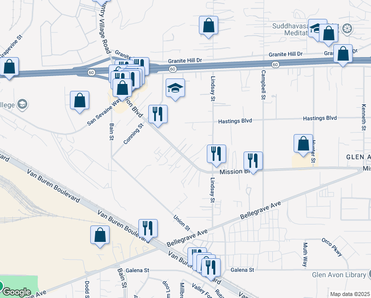 map of restaurants, bars, coffee shops, grocery stores, and more near 9880 Mission Boulevard in Riverside