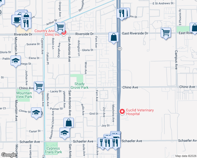 map of restaurants, bars, coffee shops, grocery stores, and more near 13238 Murano Avenue in Chino