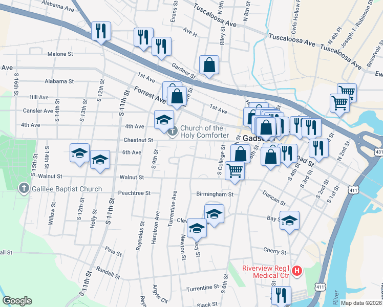 map of restaurants, bars, coffee shops, grocery stores, and more near 212 Turrentine Avenue in Gadsden