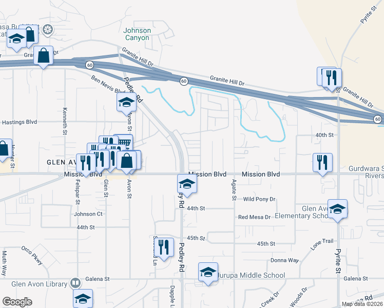 map of restaurants, bars, coffee shops, grocery stores, and more near 4080 Pedley Road in Riverside