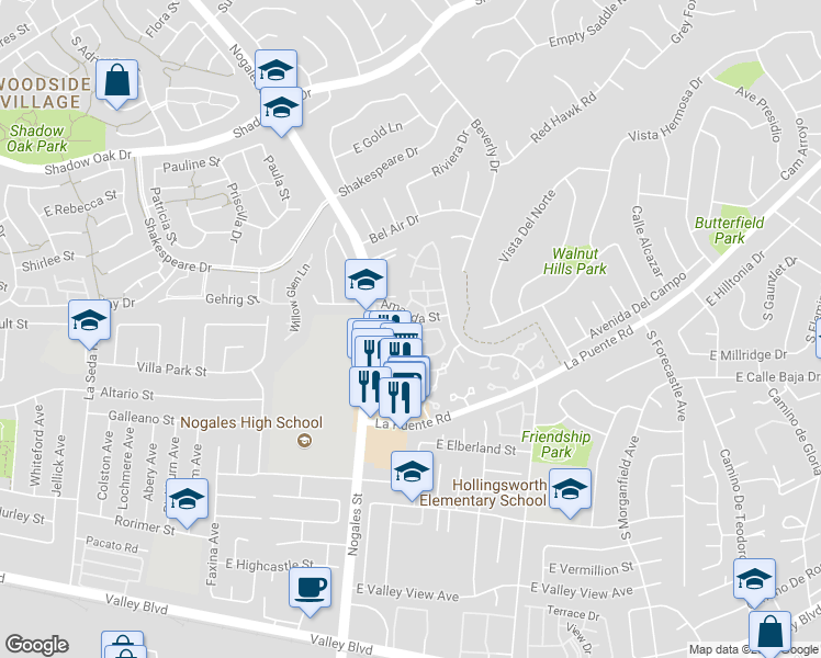 map of restaurants, bars, coffee shops, grocery stores, and more near 3820 Sycamore Street in West Covina
