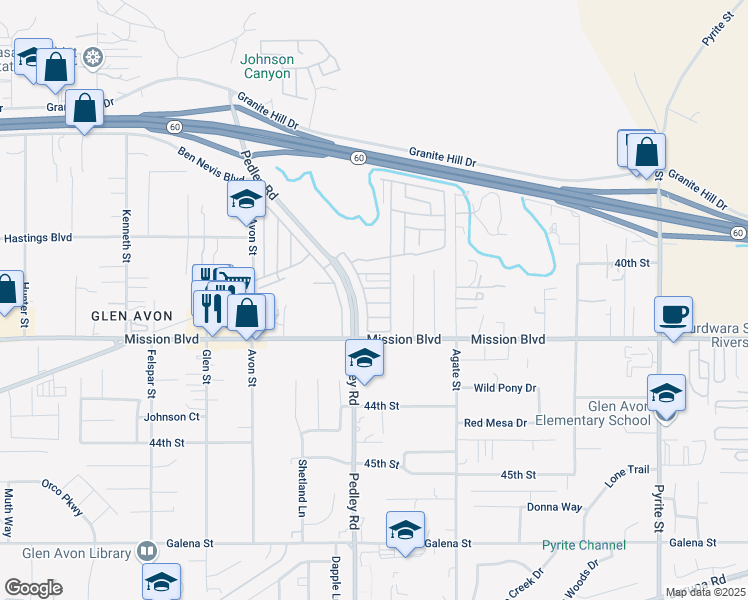 map of restaurants, bars, coffee shops, grocery stores, and more near 4080 Pedley Road in Riverside