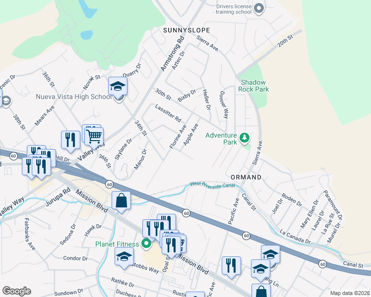 map of restaurants, bars, coffee shops, grocery stores, and more near 6401 33rd Street in Riverside