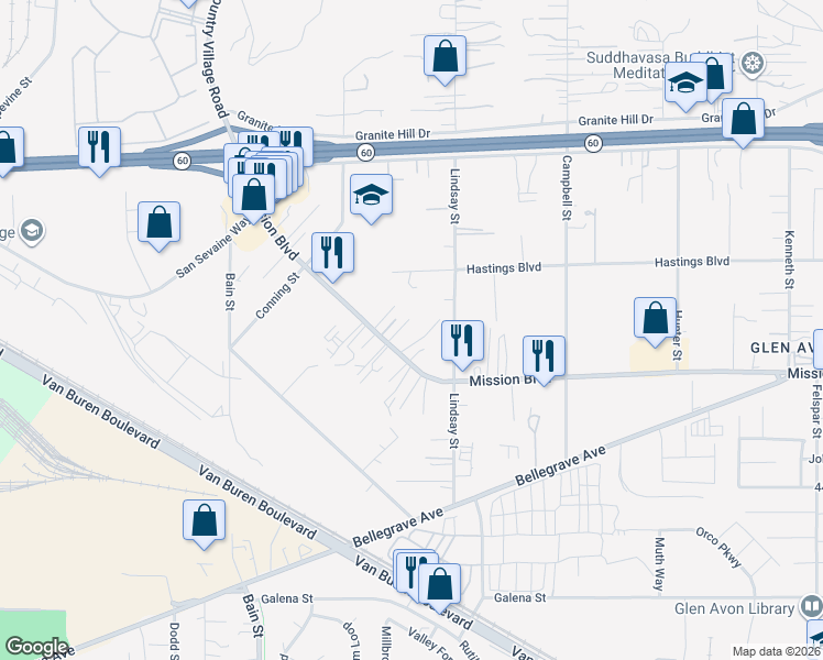 map of restaurants, bars, coffee shops, grocery stores, and more near 9855 Mission Boulevard in Riverside
