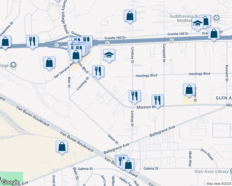 map of restaurants, bars, coffee shops, grocery stores, and more near 9880 Mission Boulevard in Riverside