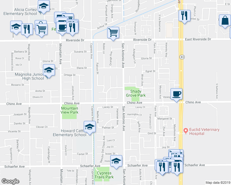 map of restaurants, bars, coffee shops, grocery stores, and more near 13264 Chukar Court in Chino