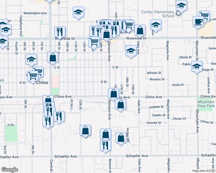 map of restaurants, bars, coffee shops, grocery stores, and more near 13264 Benson Avenue in Chino