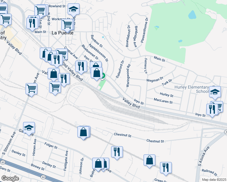 map of restaurants, bars, coffee shops, grocery stores, and more near 16578 Valley Boulevard in La Puente