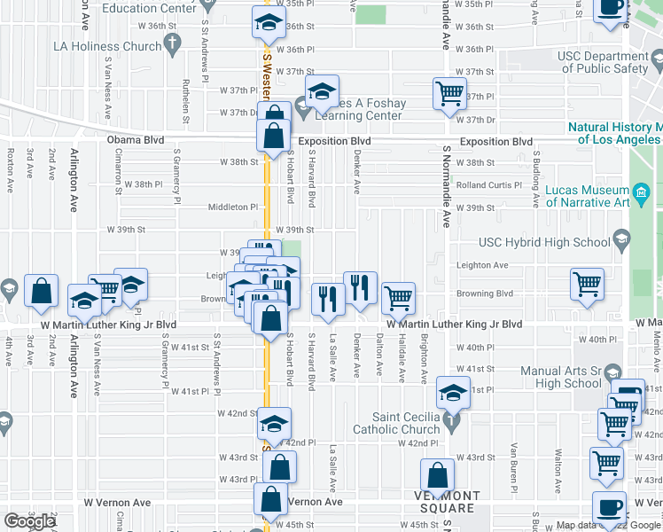 map of restaurants, bars, coffee shops, grocery stores, and more near 3956 South Harvard Boulevard in Los Angeles