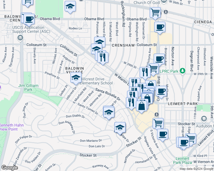 map of restaurants, bars, coffee shops, grocery stores, and more near 4097 Buckingham Road in Los Angeles