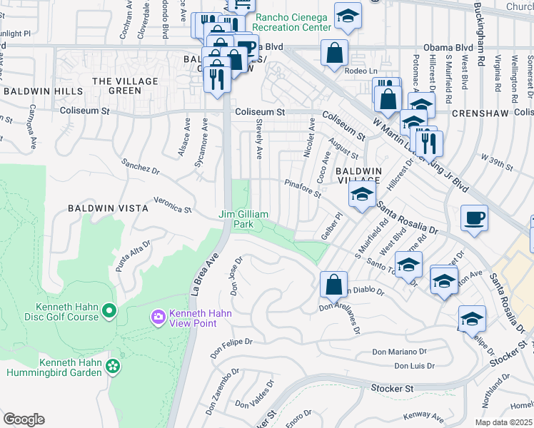 map of restaurants, bars, coffee shops, grocery stores, and more near 4000 South La Brea Avenue in Los Angeles