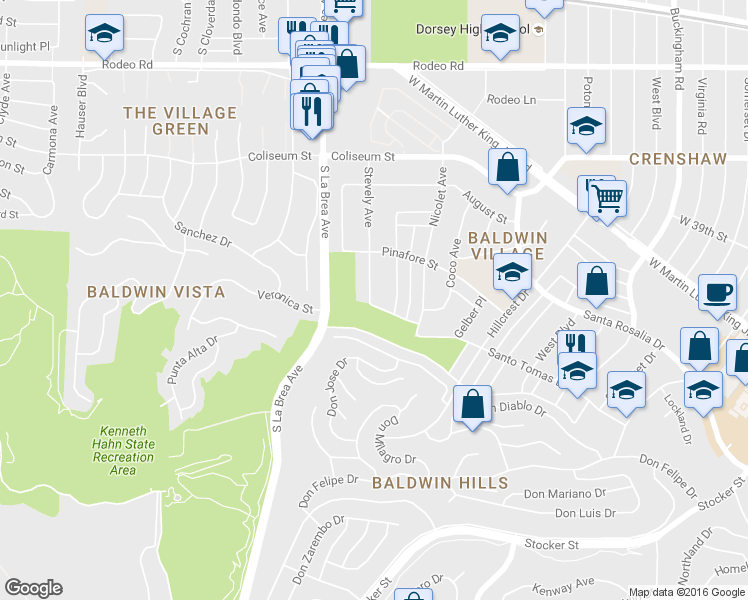 map of restaurants, bars, coffee shops, grocery stores, and more near 4000 South La Brea Avenue in Los Angeles