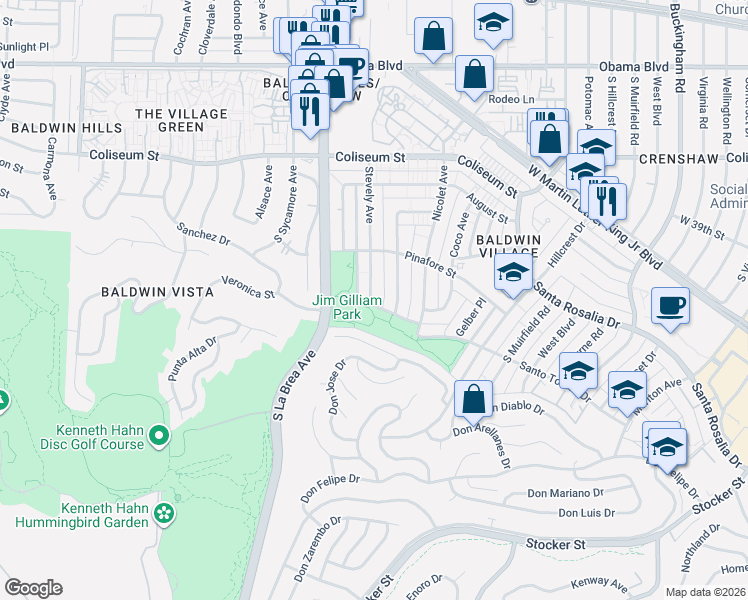 map of restaurants, bars, coffee shops, grocery stores, and more near 4000 South La Brea Avenue in Los Angeles