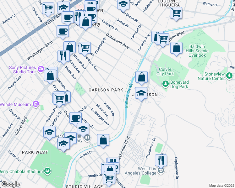 map of restaurants, bars, coffee shops, grocery stores, and more near 4354 Jasmine Avenue in Culver City