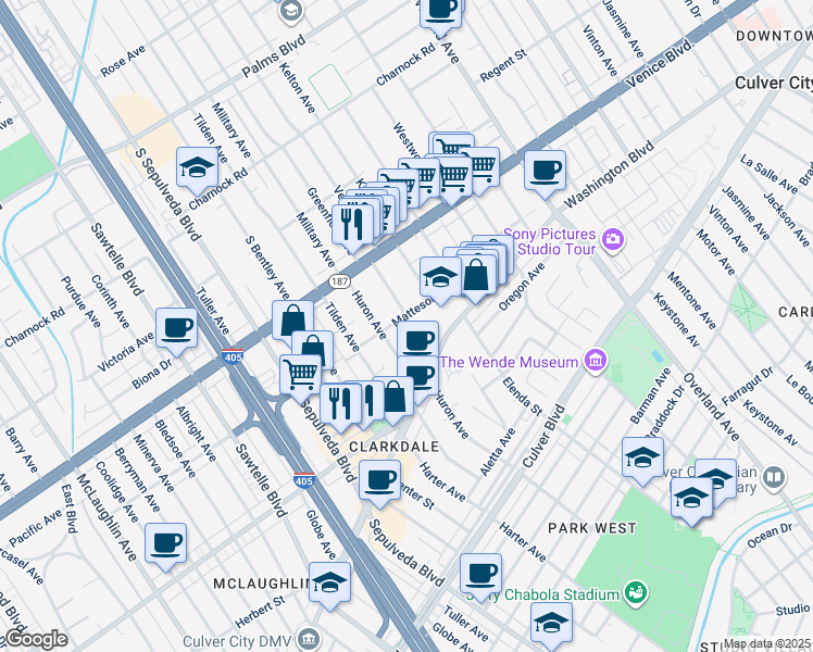 map of restaurants, bars, coffee shops, grocery stores, and more near 3924 Huron Avenue in Culver City