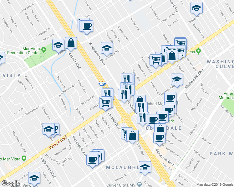 map of restaurants, bars, coffee shops, grocery stores, and more near 11200 Venice Boulevard in Los Angeles